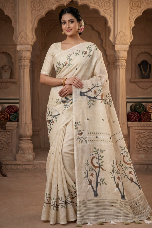 Elegant Soft Linen Cotton Printed Saree with Kalamkari Pallu & Mirror Work Blouse