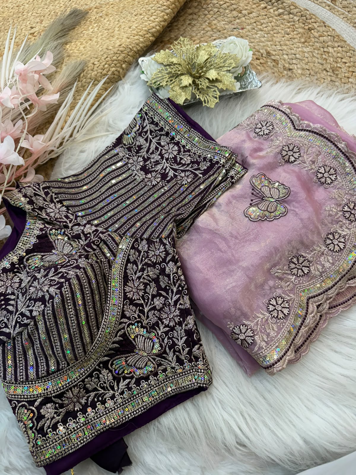 Sabyasachi Inspired Space Silk Saree with Butterfly Embroidery & Stitched Blouse