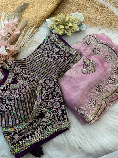 Sabyasachi Inspired Space Silk Saree with Butterfly Embroidery & Stitched Blouse