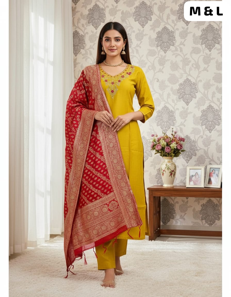 Designer Roman Silk Kurti Pant Set with Heavy Jacquard Dupatta – Festive Wear (Yellow & Red)