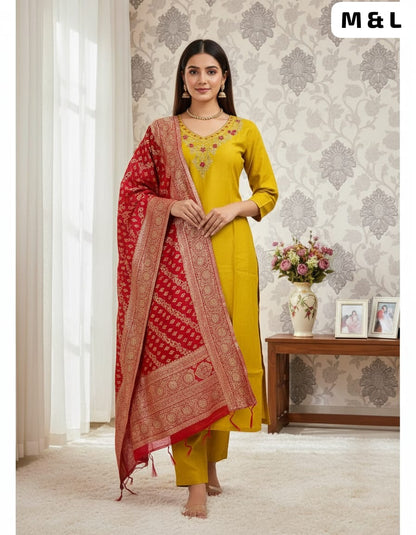 Designer Roman Silk Kurti Pant Set with Heavy Jacquard Dupatta – Festive Wear (Yellow & Red)