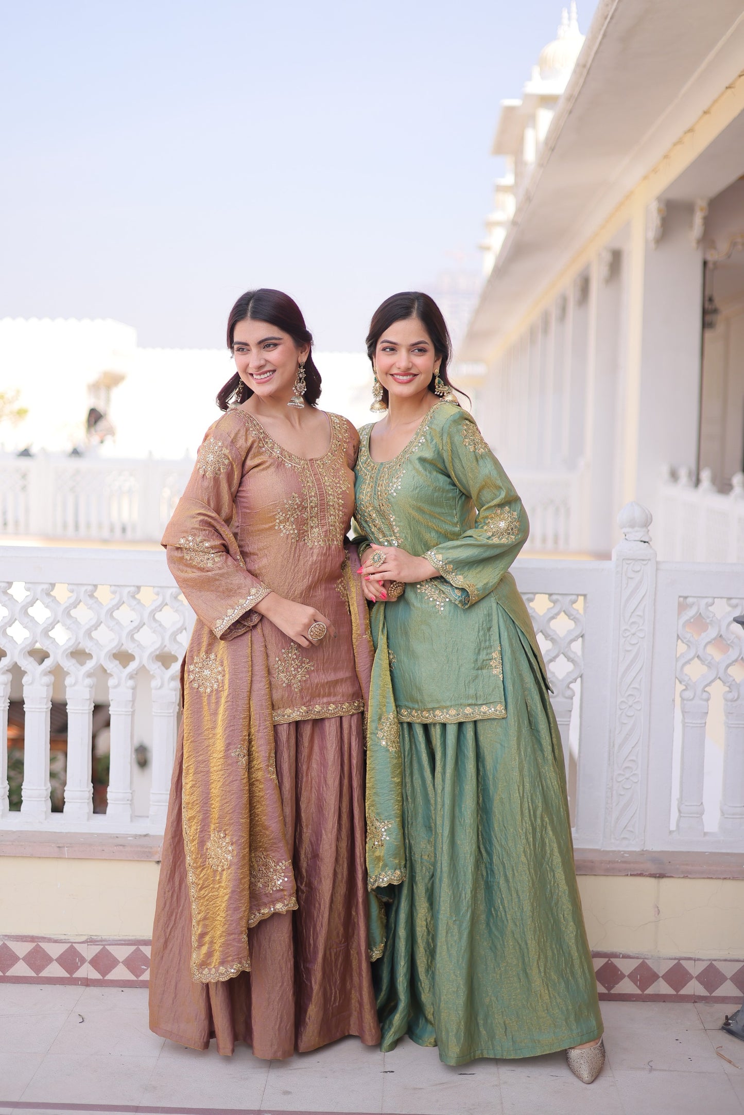 Premium Designer Fendi Crush Top Sharara Dupatta Set with Zari & Sequins Work – Mehendi Green & Copper Brown