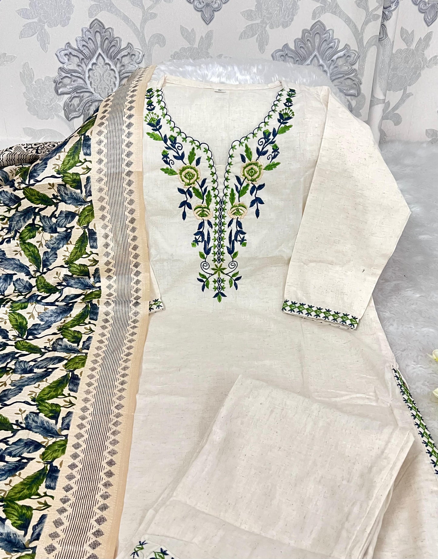 Designer Khadi Cotton Kurti Pant Set with Embroidered Work & Silk Dupatta – Elegant Daily & Festive Wear (Cream)
