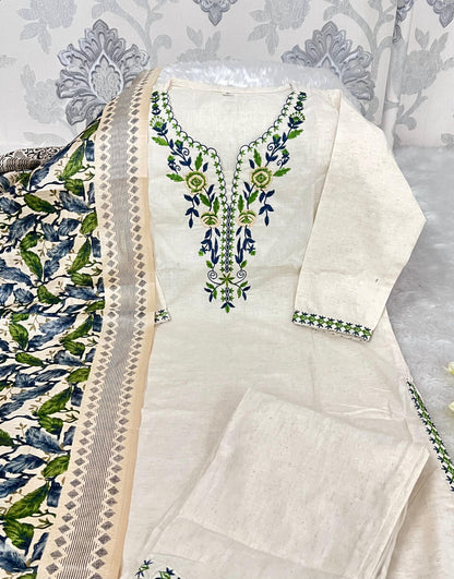 Designer Khadi Cotton Kurti Pant Set with Embroidered Work & Silk Dupatta – Elegant Daily & Festive Wear (Cream)