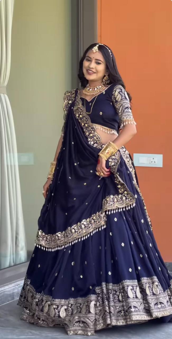 Navy Blue Fox Georgette Embroidered Festival Wear Lehenga Choli Set