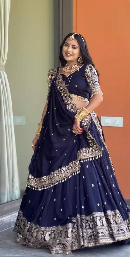 Navy Blue Fox Georgette Embroidered Festival Wear Lehenga Choli Set