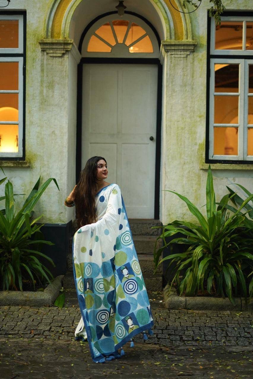 Pure Linen Chanderi Saree with Kalamkari Print & Zari Border