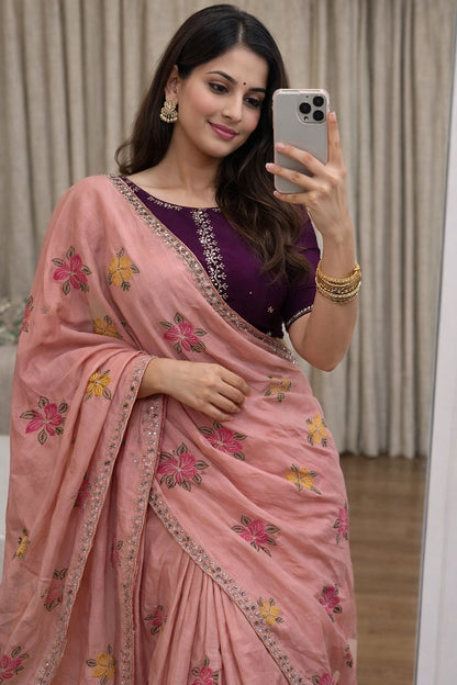 Chinon Silk Embroidery Saree