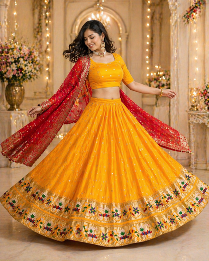 Golden Paithani Silk Lehenga Choli with Zari Weaving & Contrast Dupatta