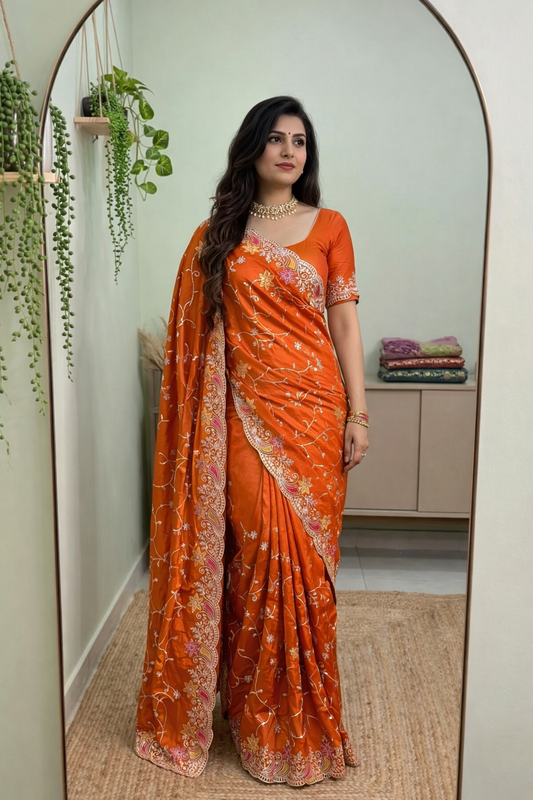 Premium HO Silk Saree with Fancy Gota Foil & Multi Designer Embroidery Work