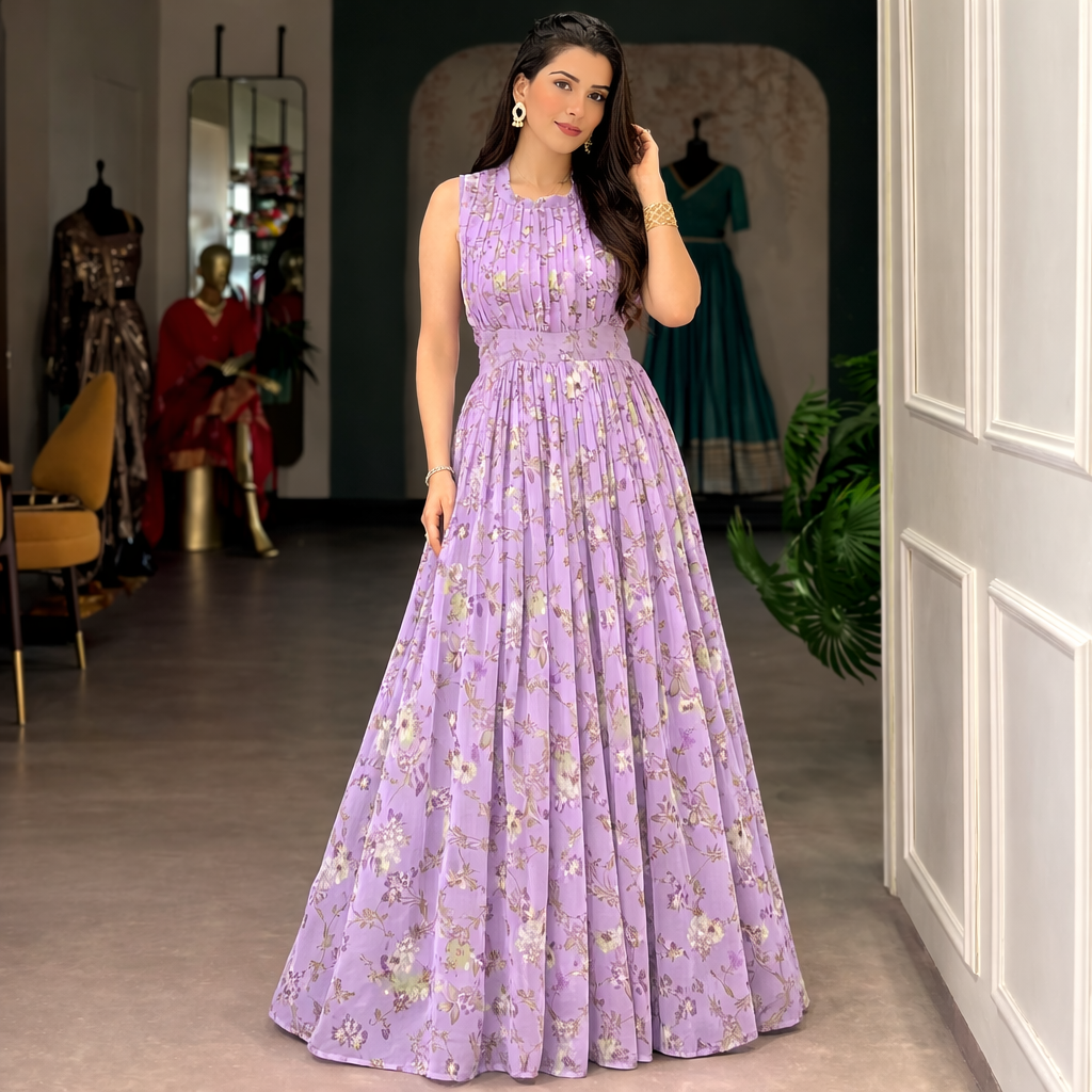 Floral Print Weightless Marble Fabric Long Party Wear Gown Dress