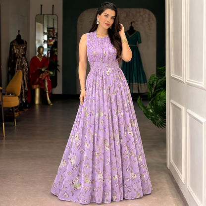 Floral Print Weightless Marble Fabric Long Party Wear Gown Dress