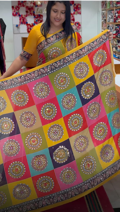 Yellow Mirror Chinon Saree with Digital Print & Mirror Work