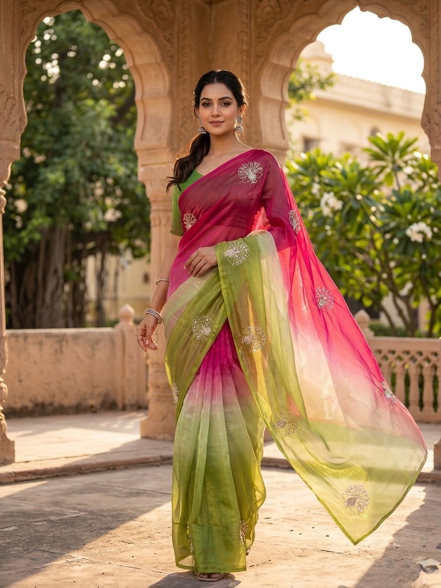 Soft Space Silk Ombre Saree with Sequins & Zari Work – Designer Party Wear