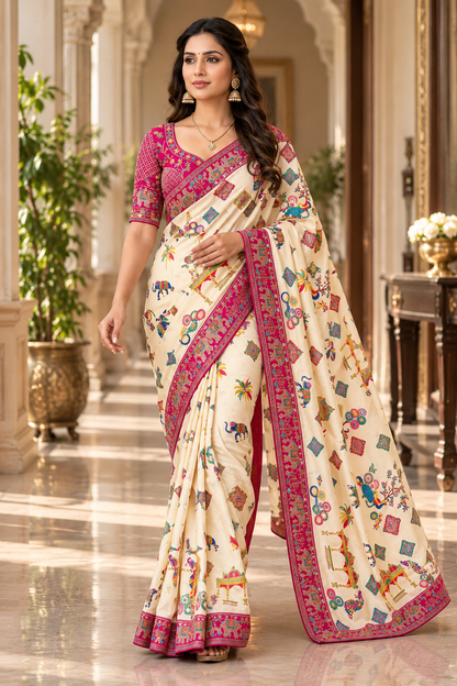 Printed Chinnon Silk Saree with Sequins Embroidery & Banglori Blouse