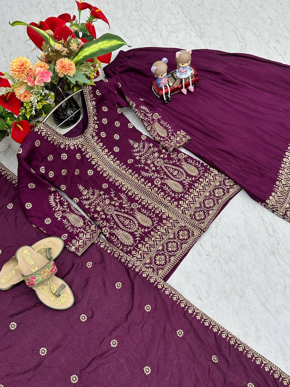 Designer Chinon Party Wear Top Plazzo Set