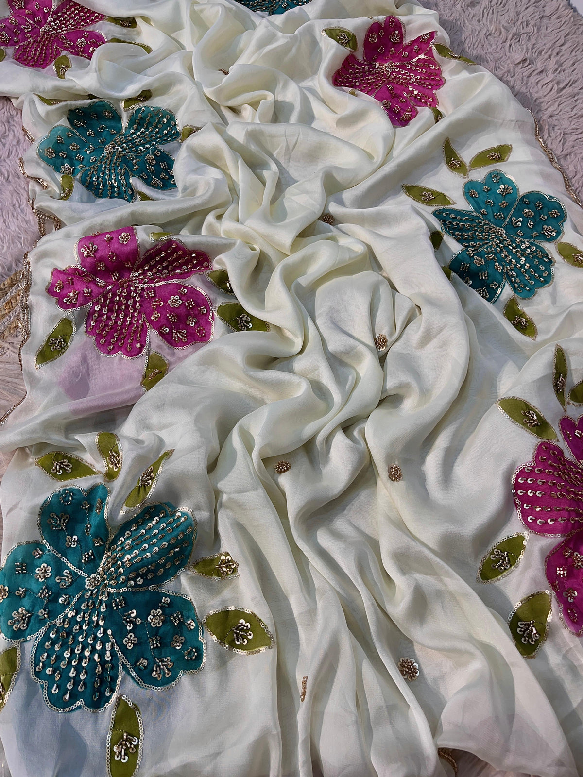 Premium Rangoli Silk Saree with Beads Work, Brush Print & Cutwork Border