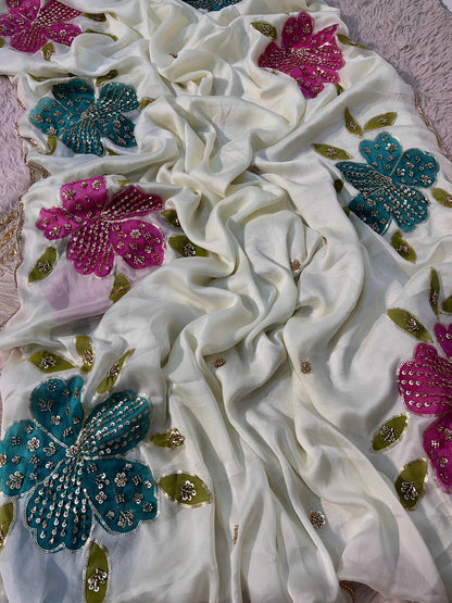 Premium Rangoli Silk Saree with Beads Work, Brush Print & Cutwork Border