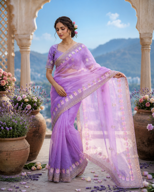 Lotus Soft Fendy Satin Saree With Embroidery Sequence & Thread Work Border