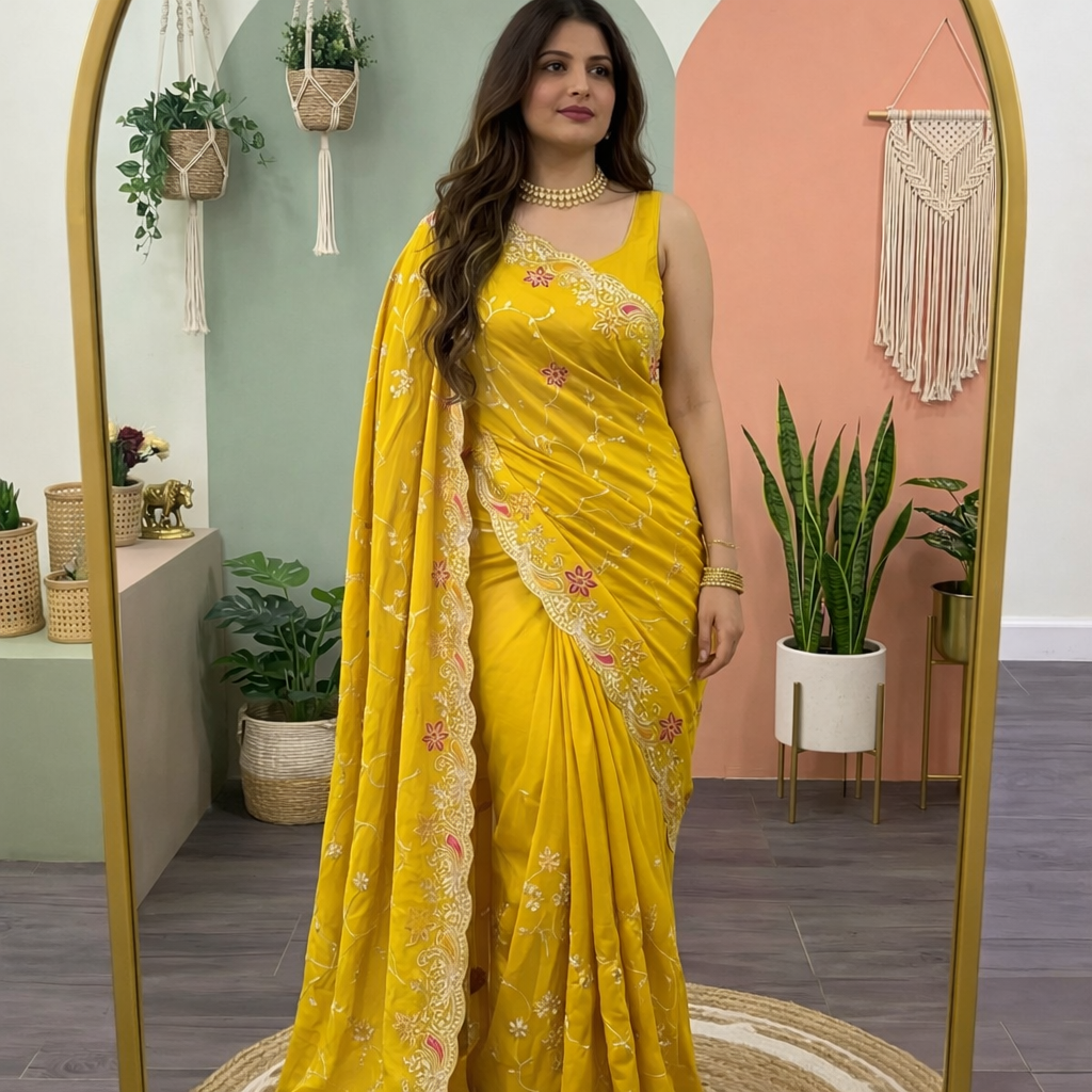Premium HO Silk Saree with Fancy Gota Foil & Multi Designer Embroidery Work