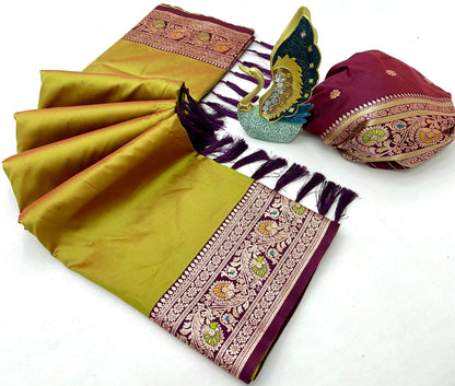 Premium Gala Silk Saree with Meenakari Zari Pallu & Contrast Designer Border