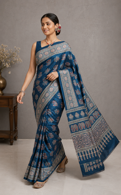 Elegant Ajrakh Pure Gajji Bandhej Soft Silk Saree With Mirror Work
