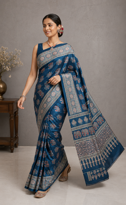Elegant Ajrakh Pure Gajji Bandhej Soft Silk Saree With Mirror Work