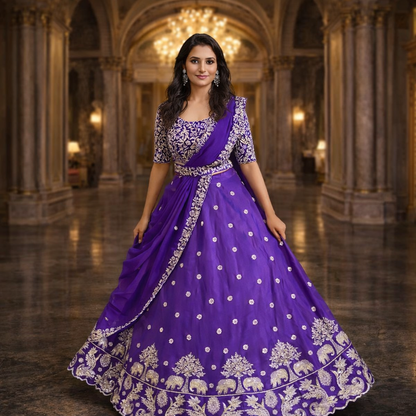 Royal Purple Chinon Embroidered Lehenga Choli With Dupatta – Festival Special
