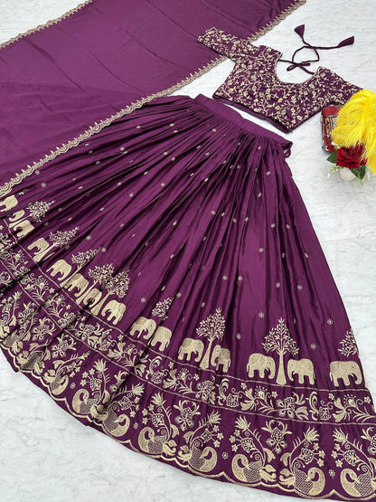Purple Chinon Embroidered Festival Lehenga Choli Set