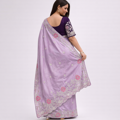 Blooming Chocolate Silk Embroidery Designer Saree With Unstitched Blouse