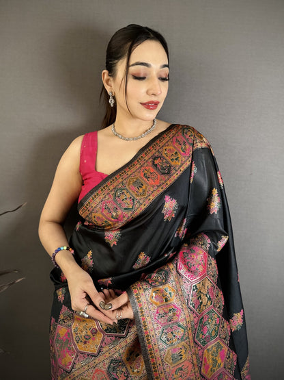 Pashmina Silk Kashmiri Saree With Meenakari Zari Weaving Border & Rich Pallu