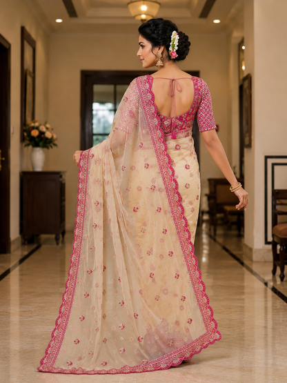 Soft Butterfly Net Saree with Sequins & Multi Thread Embroidery | Full Stitch Blouse