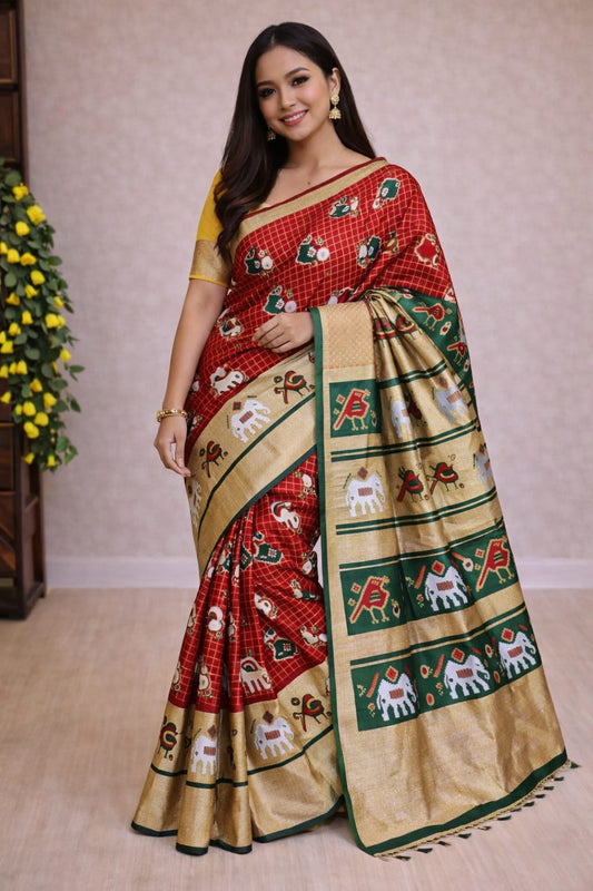 Soft Lichi Printed Saree with Elephant Border