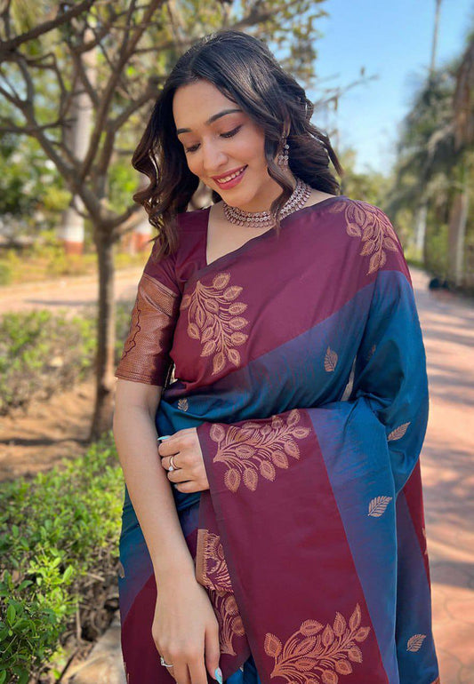 Wine Blue Zari Work Saree