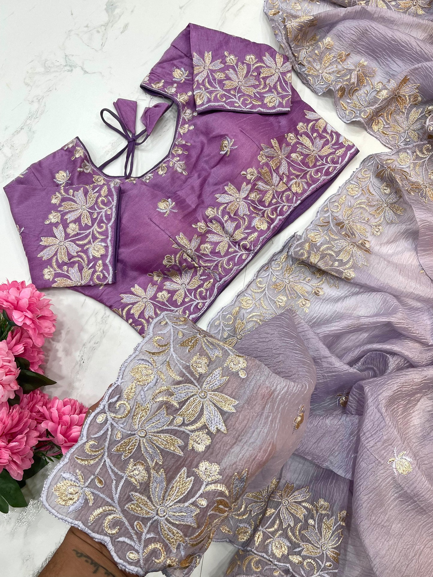 Daisy-2 Candy Crush Fabric Embroidery Saree with Stitched Blouse