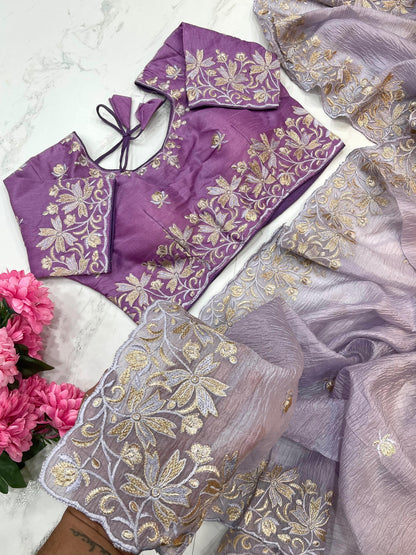 Daisy-2 Candy Crush Fabric Embroidery Saree with Stitched Blouse