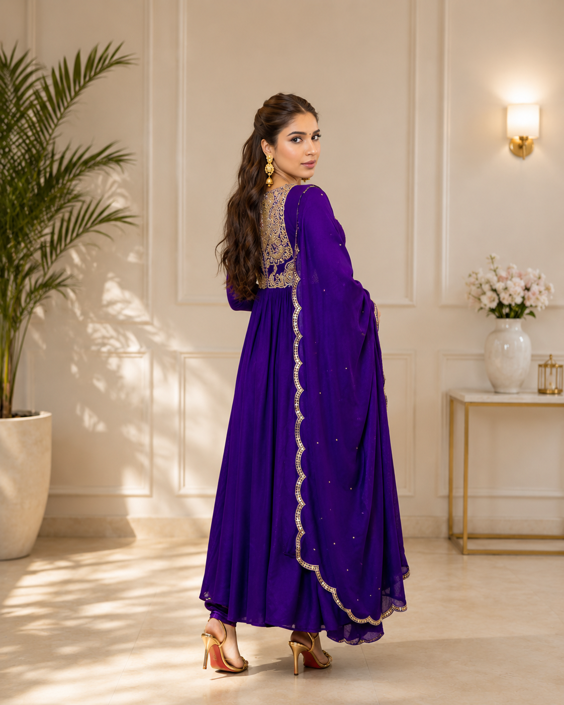 Designer Chinon Silk Anarkali Gown with Embroidered Dupatta – Festive Wear