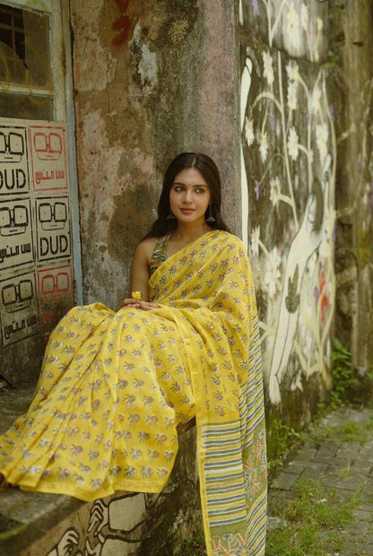 Pure Linen Chanderi Saree with Kalamkari Print & Zari Border