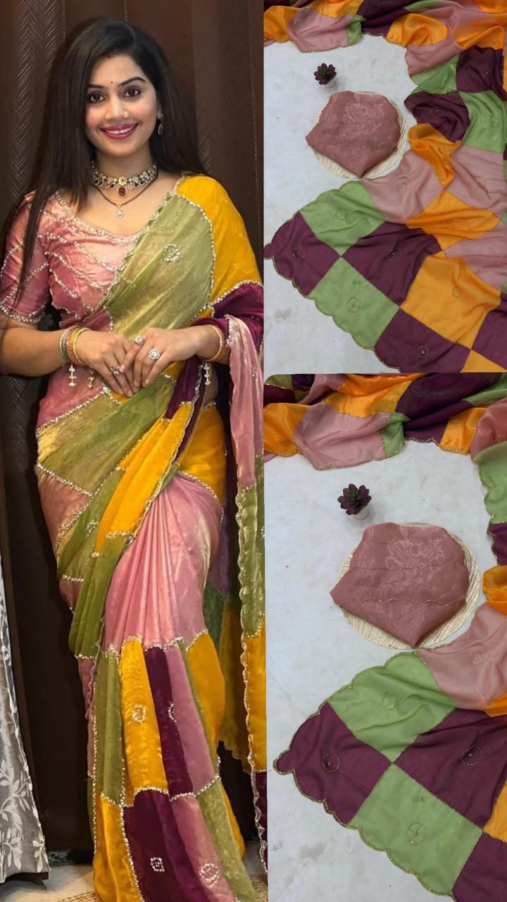 Multi Color Space Silk Handwork Saree