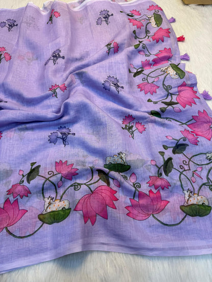 Premium Linen Cotton Floral Print Saree With Tassels & Blouse Piece | Soft Lightweight Daily Wear Saree