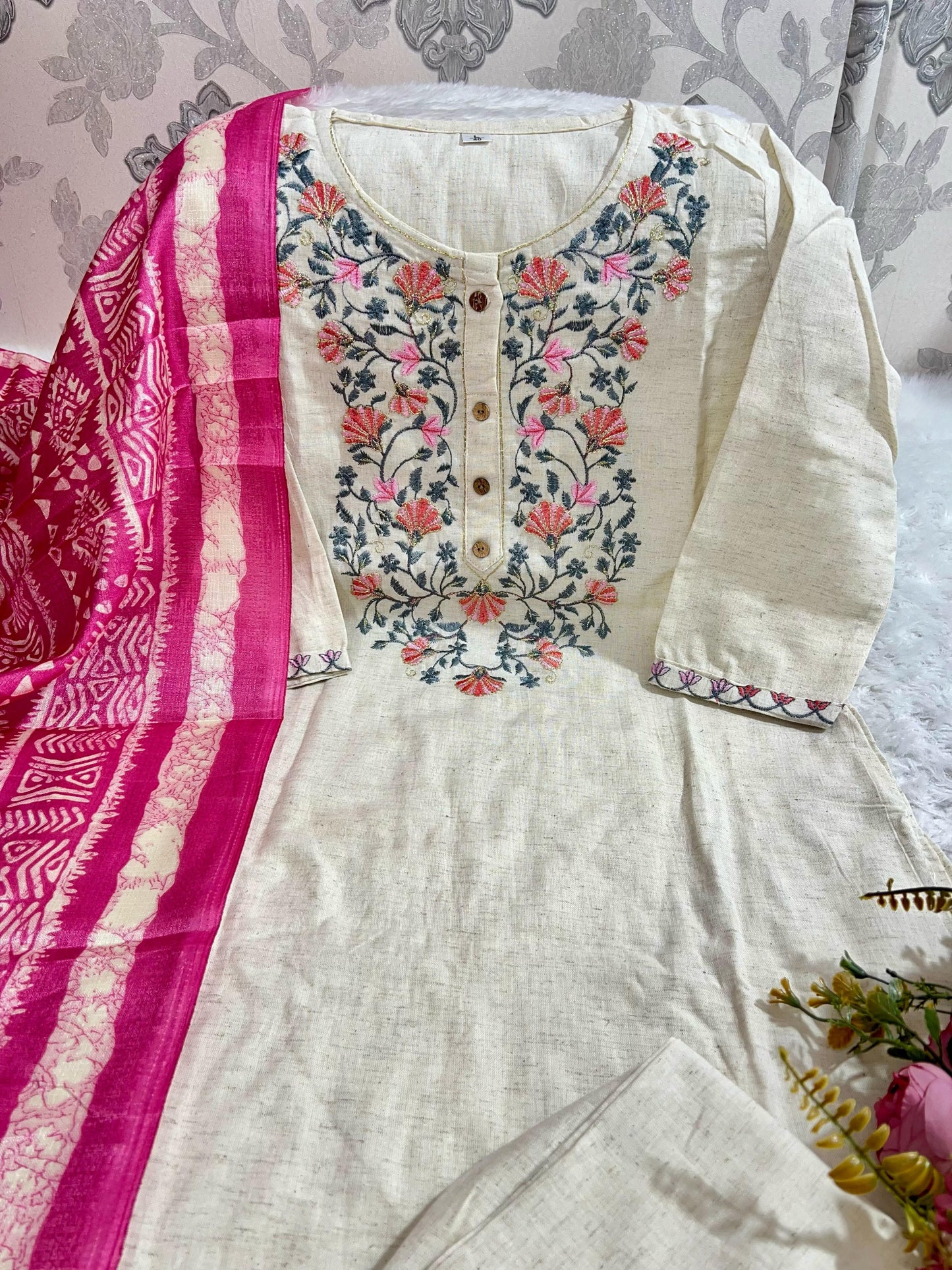 Elegant Handloom Khadi Cotton Embroidered Kurti Set with Khadi Silk Dupatta