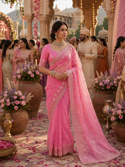 Lotus Soft Fendy Satin Saree With Embroidery Sequence & Thread Work Border