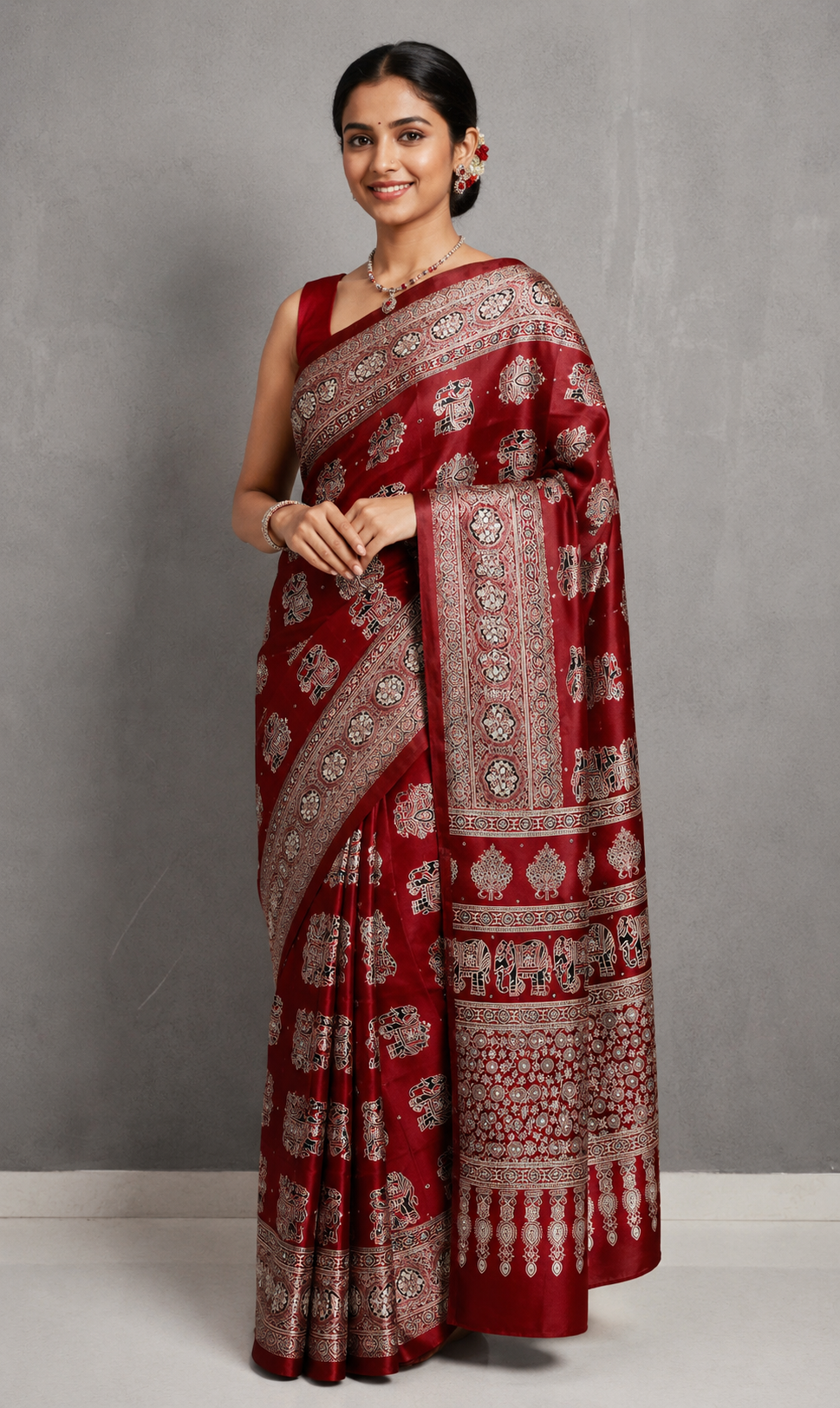 Elegant Ajrakh Pure Gajji Bandhej Soft Silk Saree With Mirror Work
