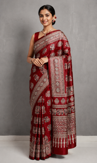Elegant Ajrakh Pure Gajji Bandhej Soft Silk Saree With Mirror Work