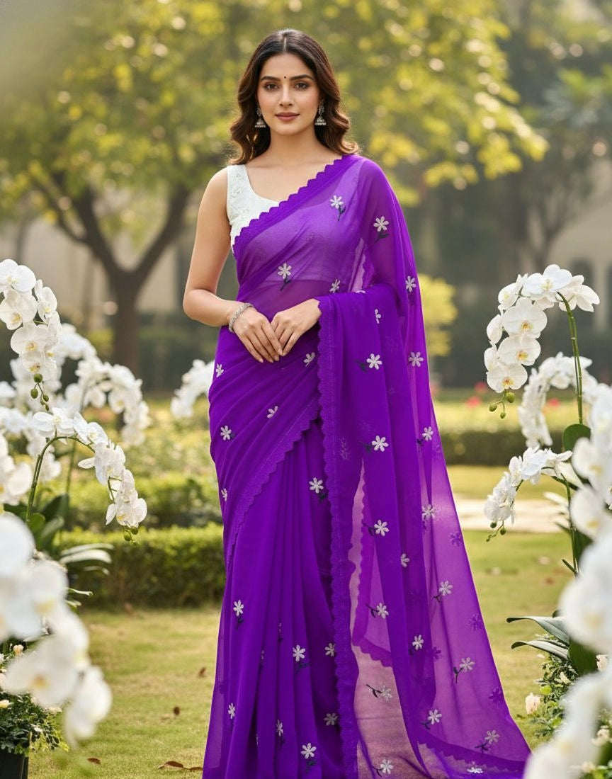 Floral Embroidered Georgette Saree – Lightweight Daily & Party Wear