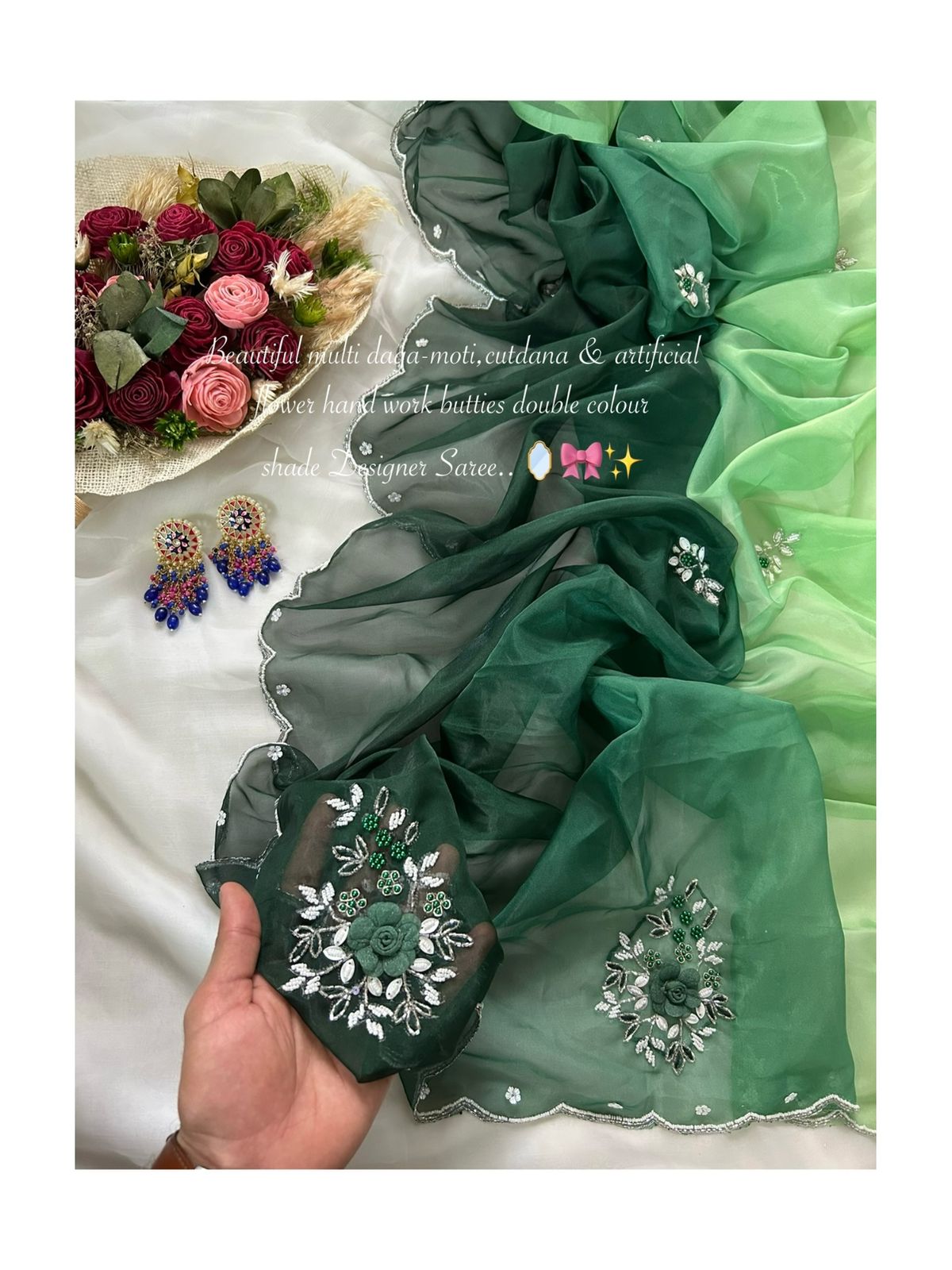 Vrinda Designer Organza Saree With Handwork Butties & Cutdana Border
