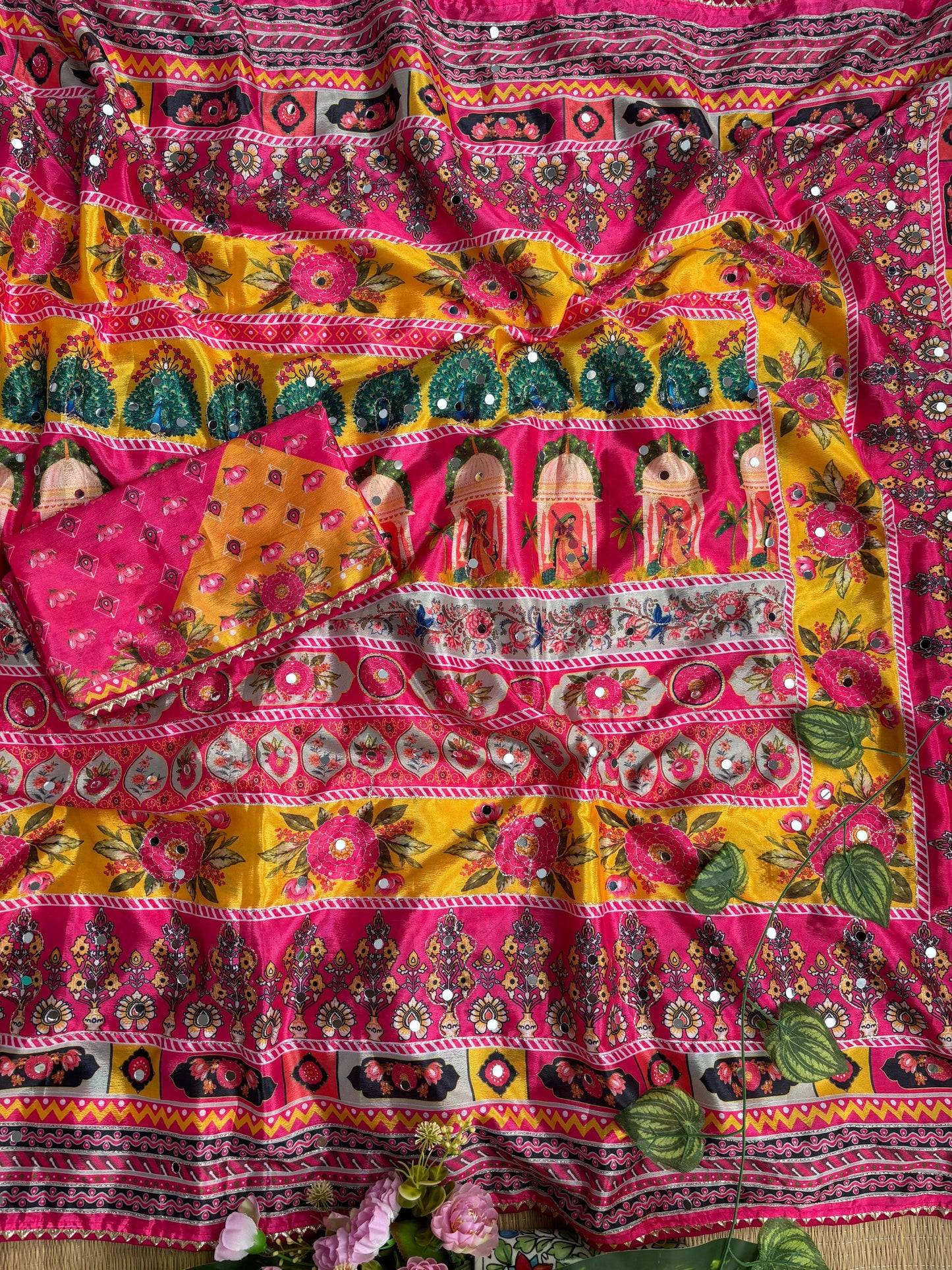 Karigari Soft Chinon Silk Digital Print Saree with Hand Aari Work & 2000+ Real Mirror Work