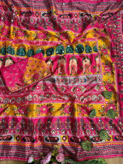 Karigari Soft Chinon Silk Digital Print Saree with Hand Aari Work & 2000+ Real Mirror Work