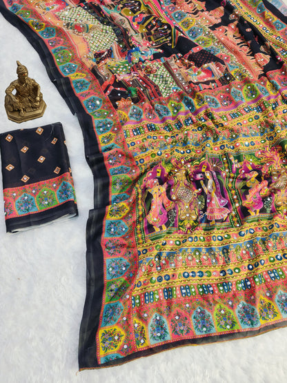 Heavy Masakali Georgette Digital Print Saree with 3000+ Mirror Work
