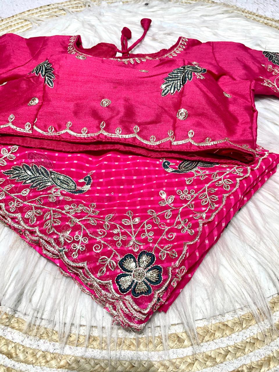Georgette Muthda Saree with Peacock Thread Work & Cut Work